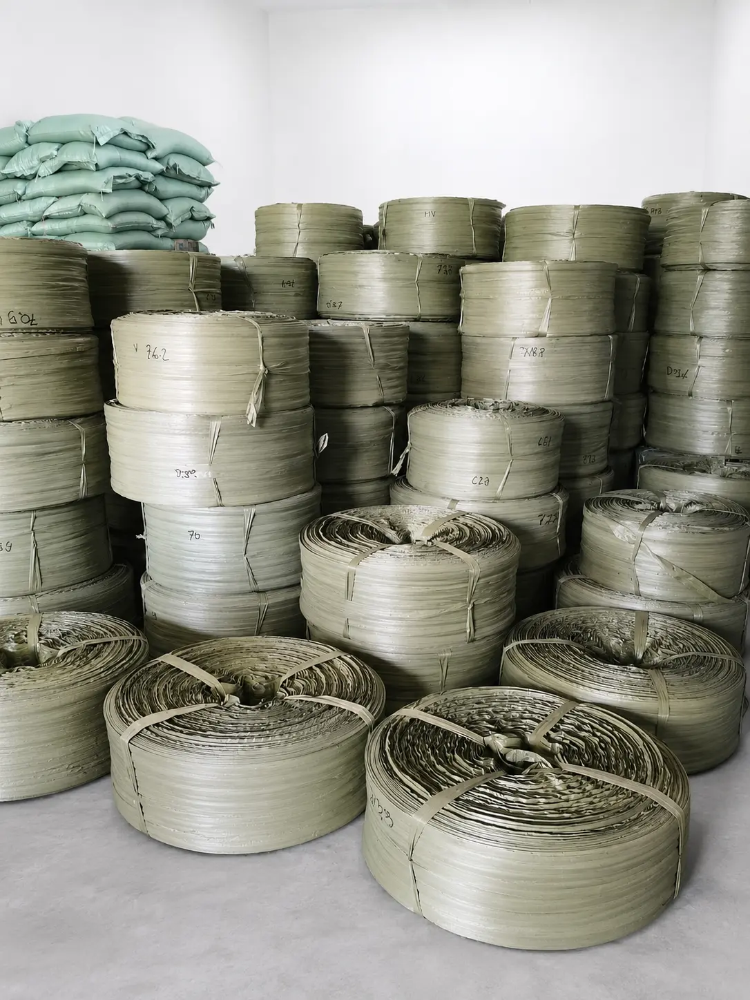 Gulungan tali plastik PP di gudang produksi Ecoplast Solutions